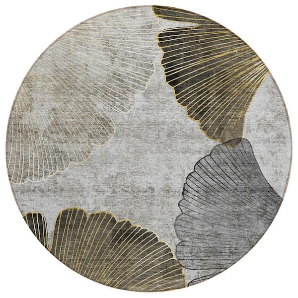 Gray, Charcoal, Silver 8 ft. Round Woven Floral Polyester Round Indoor/Outdoor Area Rug