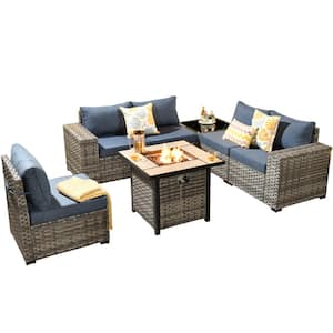 Tahoe Grey 7-Piece Wicker Wide Arm Outdoor Patio Conversation Sofa Set with a Fire Pit and Denim Blue Cushions