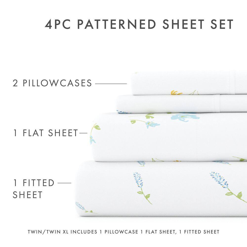 King Blue Floral Microfiber Sheet Set with Pillowcases