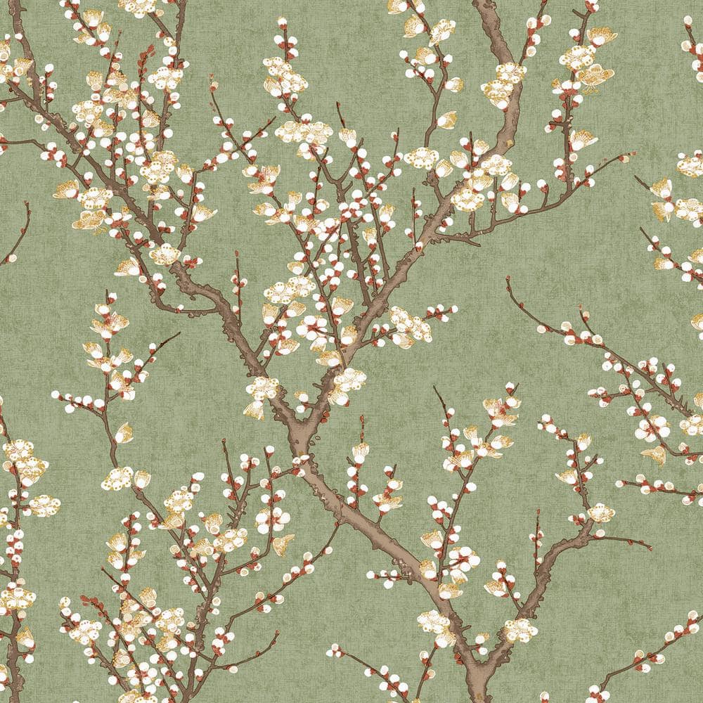Spring Blossom Collection Sakura Tree Green Matte Finish Non-Pasted Non-Wov