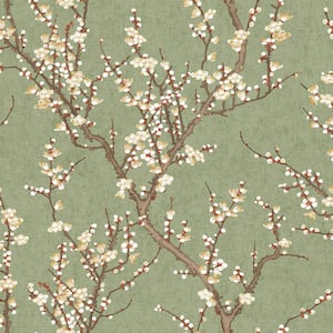 Spring Blossom Collection Sakura Tree Green Matte Finish Non-Pasted Non-Woven Paper Wallpaper Roll