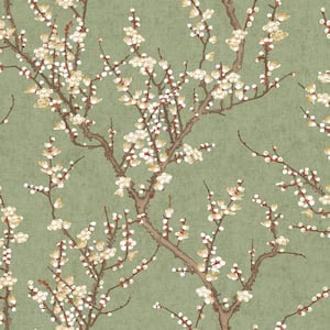 Spring Blossom Collection Sakura Tree Green Matte Finish Non-Pasted Non-Woven Paper Wallpaper Sample