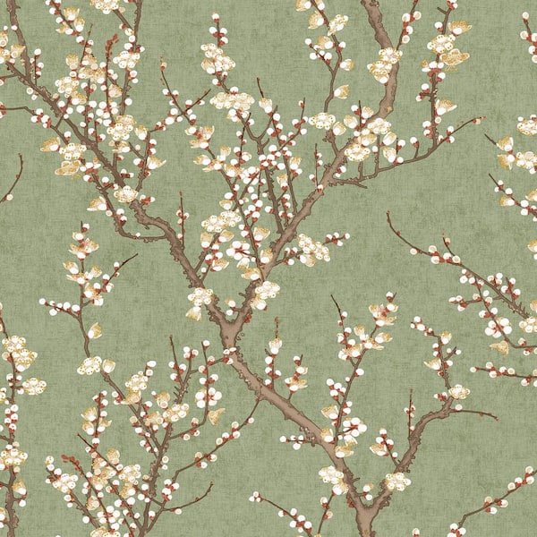 Unbranded Spring Blossom Collection Sakura Tree Green Matte Finish Non-Pasted Non-Woven Paper Wallpaper Sample