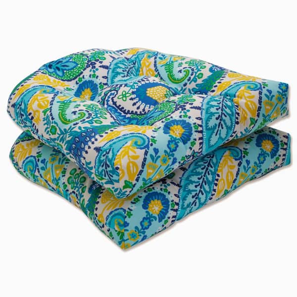 Pillow Perfect Paisley 19 in. x 19 in. 2-Piece Outdoor Dining Chair Cushion Blue/Green Amalia