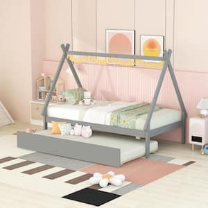 Tent Style Gray Wood Frame Twin Size Platform Bed, Teepee Bed with Twin Size Trundle, Triangle Structure