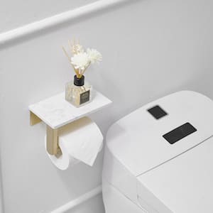Wall Mount Toilet Paper Holder With Natural Marble Shelf Tissue Storage Holder In Brushed Gold