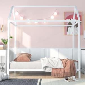 White Twin Size Metal House Bed for Kids, Metal Platform Bed Floor Canopy Bed with Four Posters, No Box Spring Needed