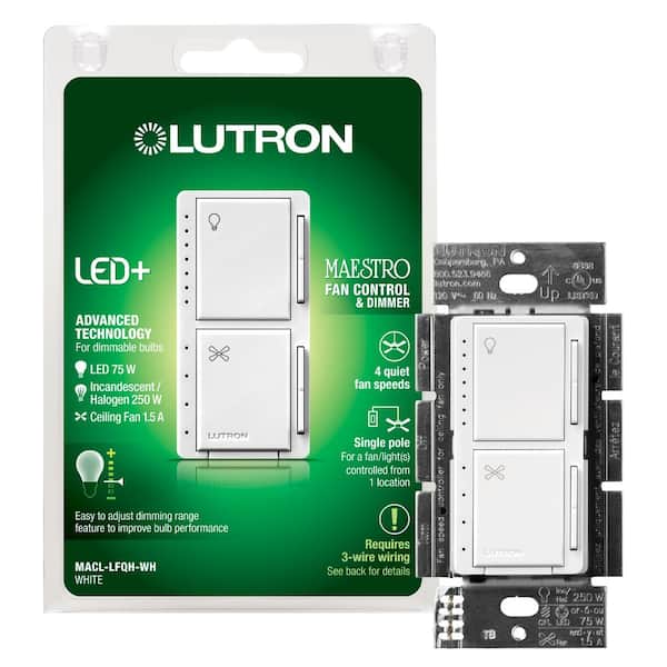 Lutron Maestro Fan Control and Light Dimmer for dimmable LEDs, Incandescent, and Halogen Bulbs, Single-Pole, White