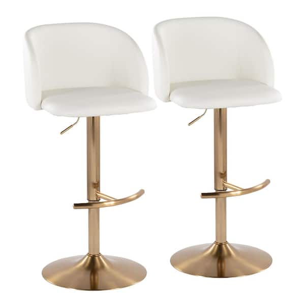 Fran 32 in. White Faux Leather and Gold Metal Adjustable Barstool (Set of 2)