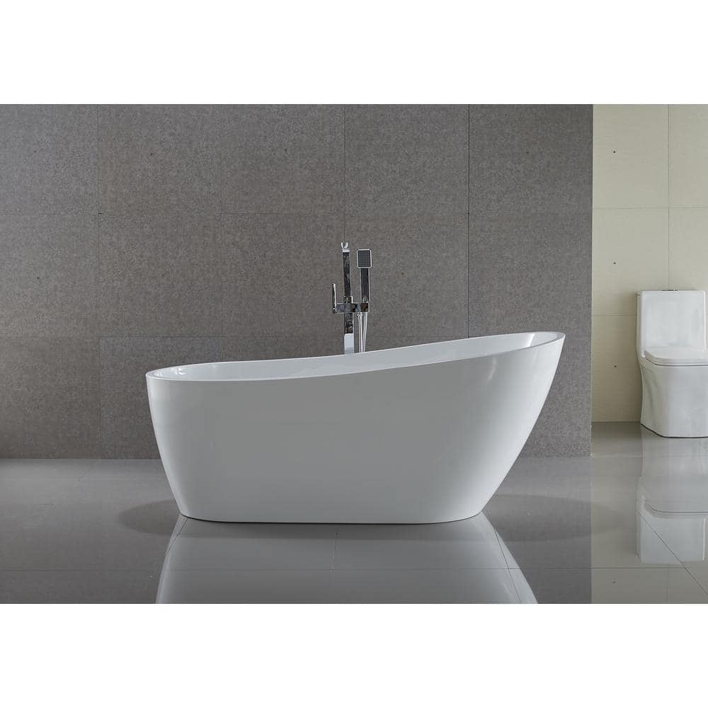Glossy White Acrylic Freestanding Oval Bathtub with Chrome Overflow