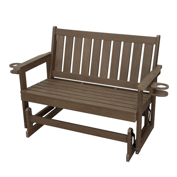 59.4 in. 2 Person Plastic HIPS Outdoor Glider with Cup Holders, Weather-Resistant for Patio, Garden and Yard, Deep Brown