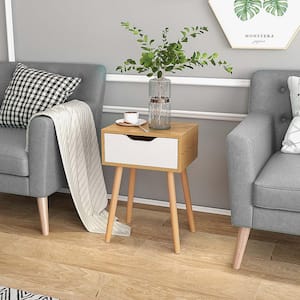 1-Piece Natural Nightstand End Side Sofa Table Storage Drawer Living Room with Solid Wood Leg