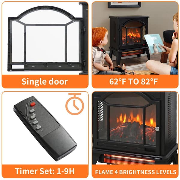 18 in. Freestanding Infrared Quartz Electric Fireplace Stove, Fireplace Stove with Remote Control and 3D Flame in Black