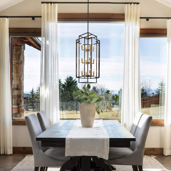 12-Light Black Antique Gold Lantern Tiered Foyer Hanging Ceiling Chandelier for Living Room Dining Room