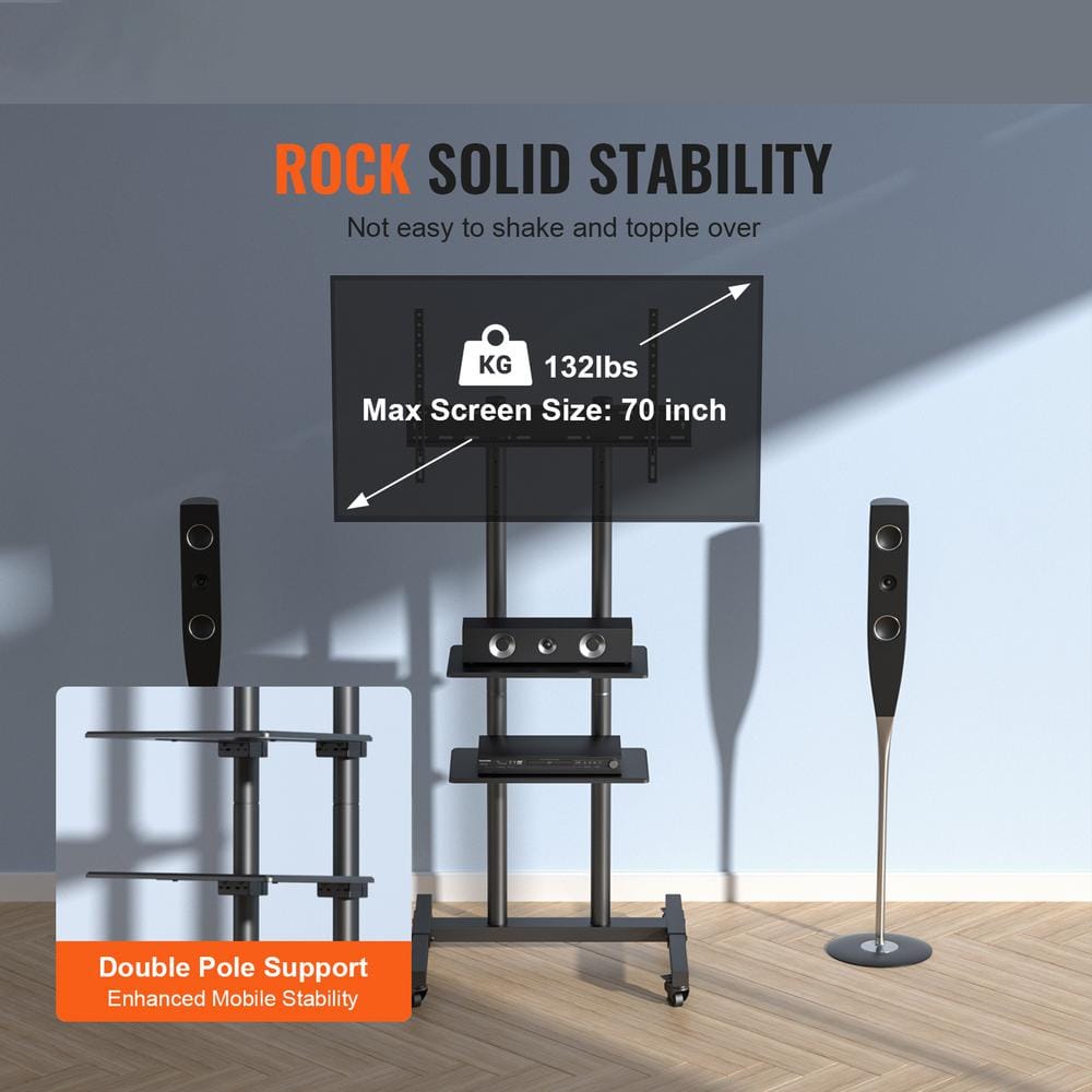 Black Adjustable Mobile TV Stand with Double Tray for 32-70 inch TVs