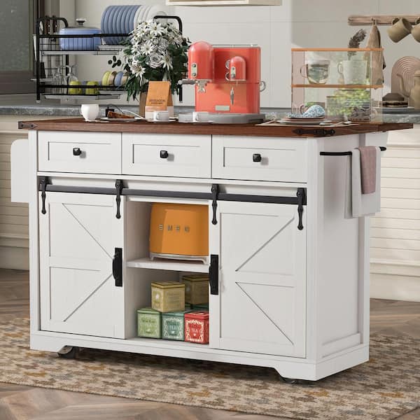 FAMYYT Farmhouse White Drop Leaf Wood Grain Tabletop 54 in. Large Kitchen Island with Sliding Barn Door and Power Outlet
