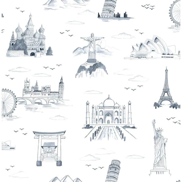 L&mark Navy Travelers Toille Novelty Vinyl Peel and Stick Wallpaper Roll
