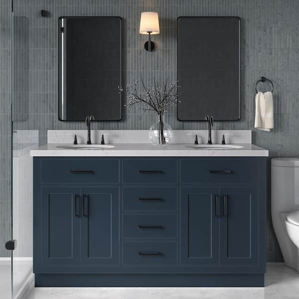 ARIEL Hepburn 60 in. W x 22 in. D x 36 in. H Double Sink Freestanding Bath Vanity in Midnight Blue with Carrara Quartz Top