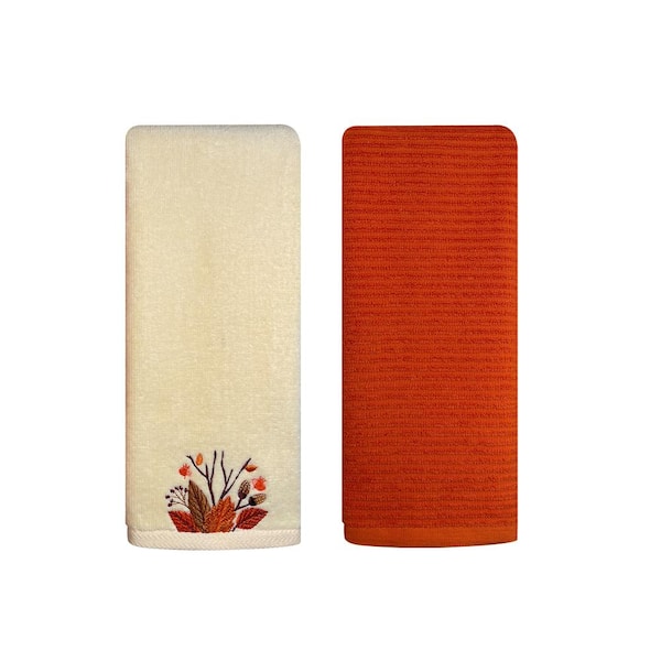 Harvest Embroidered Cotton Hand Towel 2-Piece Set Leaves Beige