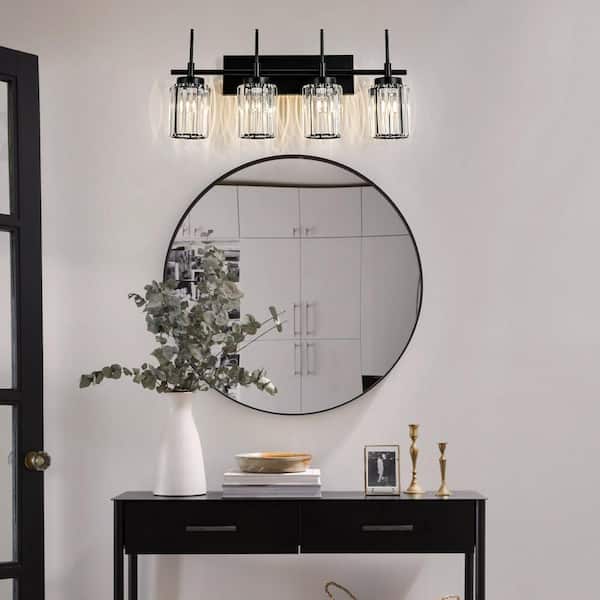 Orillia 27.17 in. 4-Light Modern Industrial Black Bathroom Vanity Light with Crystal Cylinder Shades