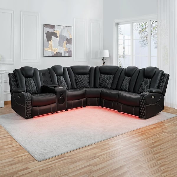 HOMESTOCK 114.96 in. Theater Style Air Leather Motion Sofa Corner Set Sectional Sofa With Adjustable Headrest in. Black