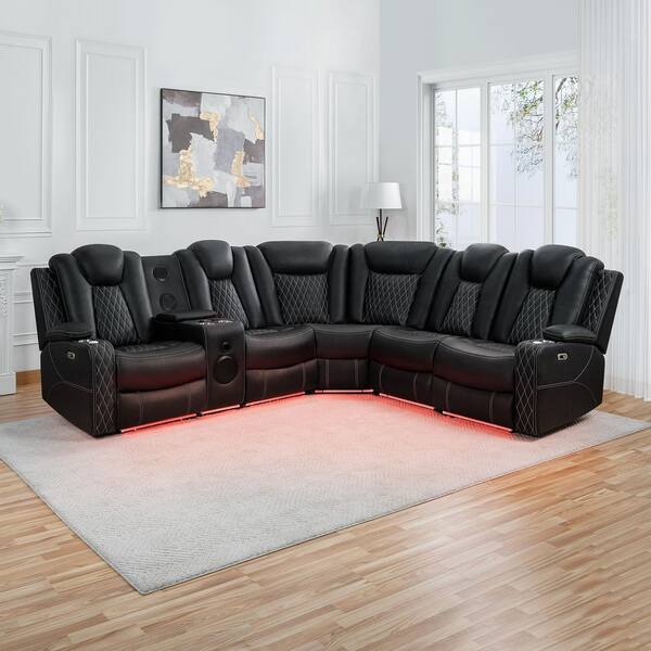HOMESTOCK 114.96 in. Theater-Style Air Leather Motion Sectional Sofa with Adjustable Headrest in. Black