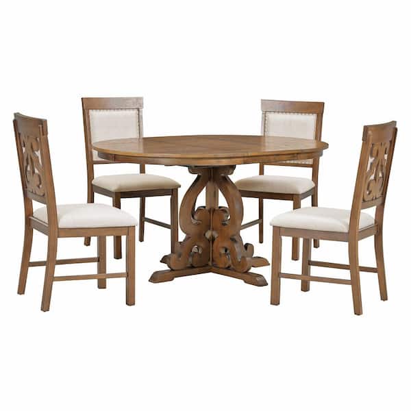 5-Piece Retro Walnut Extendable Wood Top Dining Room Set Seats 4