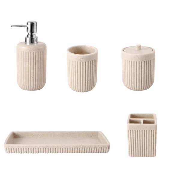 5-Piece Bathroom Accessory Set with Soap Dispenser, Toothbrush Holder, Tumbler, Qtip Holder and Vanity Tray in Beige