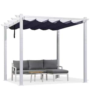10 ft. x 10 ft. Navy Blue Aluminum Outdoor Retractable Pergola with Sun Shade Canopy Cover White Patio Shelter