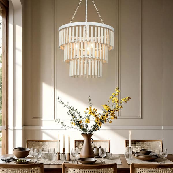 Modern 18.5 in. 3-Light Antique White Wooden Chandelier, Coastal Bedroom Chandelier, Farmhouse Hanging Pendant Light