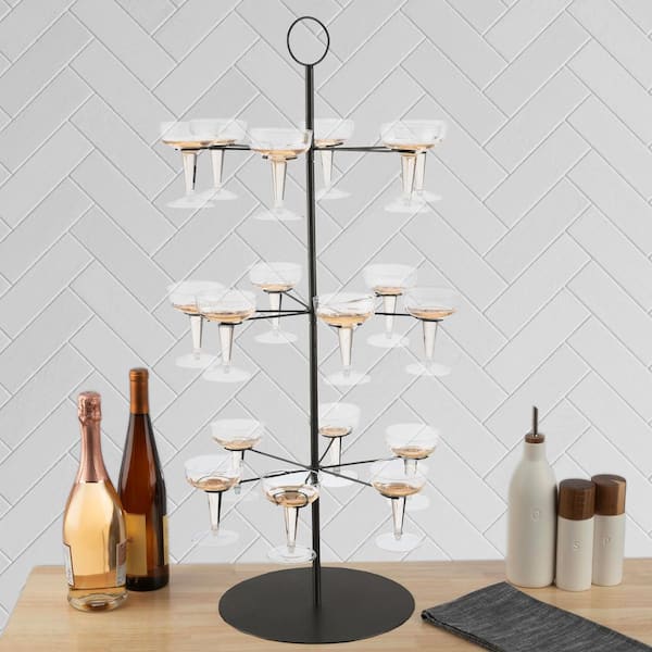Lavish Home Black Cocktail Tree Stand - 3-Tier Champagne Tower Holds 18 Stemware Glasses - Stemware Organizer