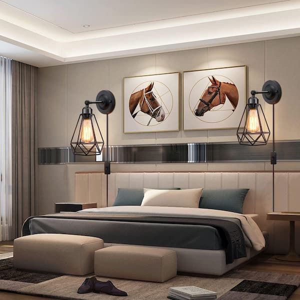 2-Light Black LED Plug-in Wall Sconce with On/Off Switch, Rustic Industrial Wire Cage Wall Lamp (No Bulbs Included）