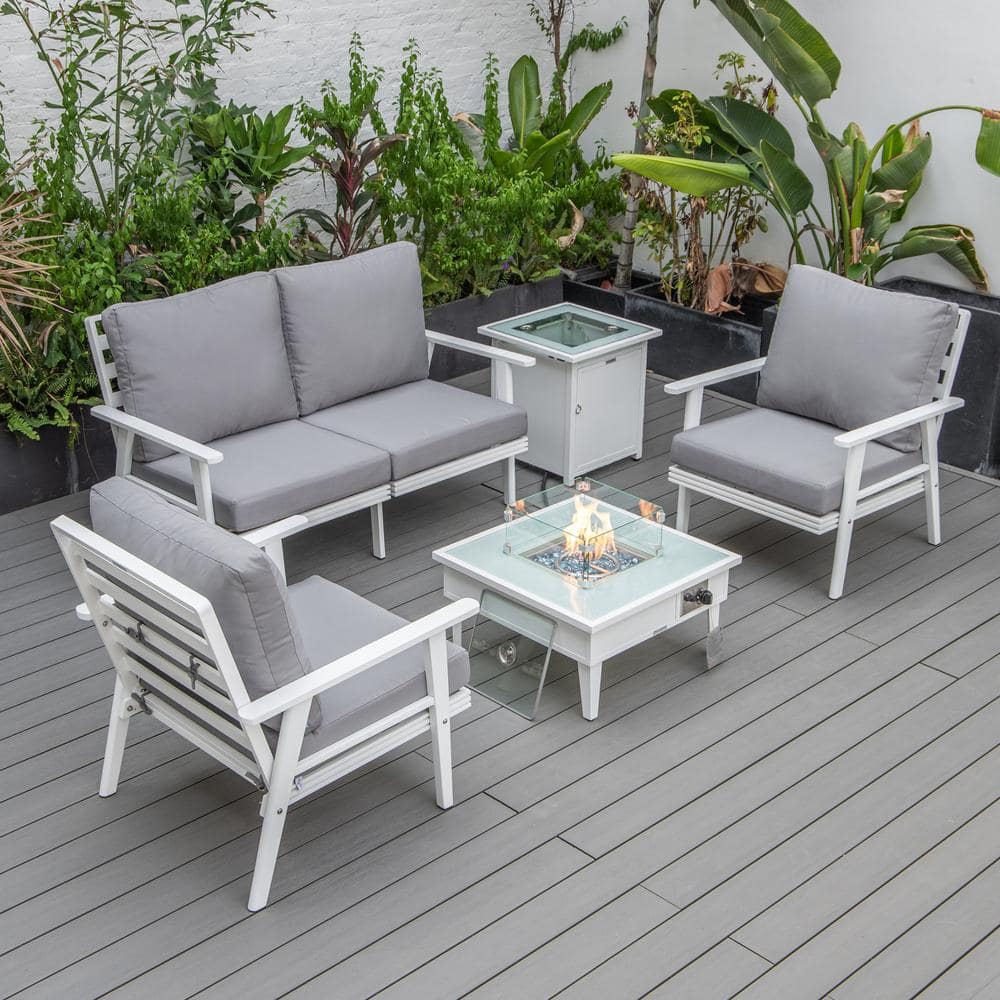 Leisuremod Walbrooke White 5Piece Aluminum Square Patio Fire Pit Set with Grey Cushions and