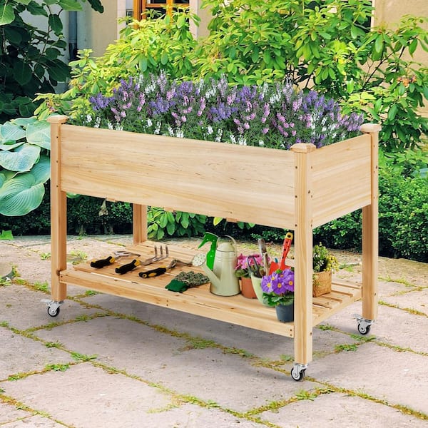 Wood Elevated Garden Bed with Storage Shelf Wheels and Liner Suitable for Vegetable Flower Herb