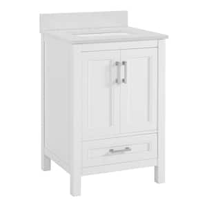 GlamourAura 24 in. W x 22 in. D x 35 in. H Single Sink Bath Vanity in White with White Engineered Carrara Marble Top