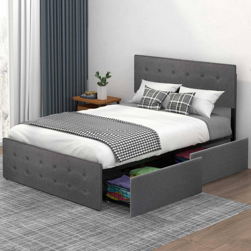 AndMakers Lolita Gray Full Platform Bed Frame with 4 Storage Drawers ...