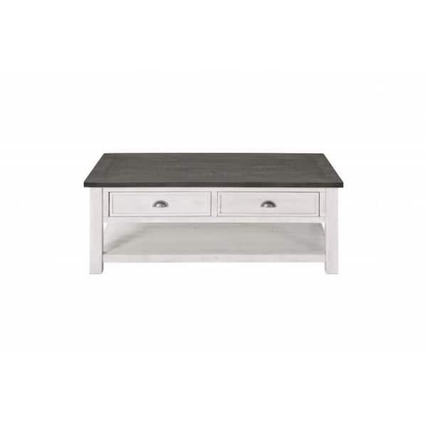 HomeRoots Amelia 28 in. White and Grey Rectangle Wood Coffee Table with Solid Wood, Shelves, Storage