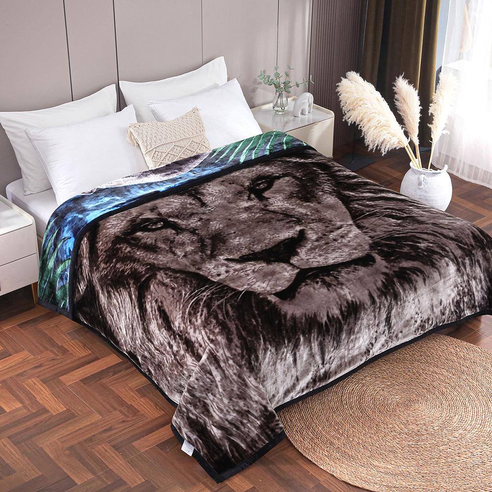 Lion Leopard Polyester 83 in. x 91 in. Reversible Printed Fleece Mink Warm Thick Winter Blanket - Thumbnail 2