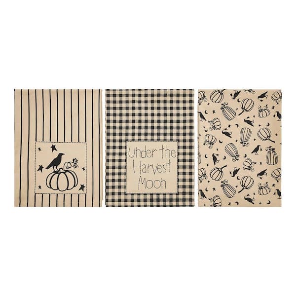Raven Harvest Black Autumn Pumpkins Moons Stripes Muslin Cotton Kitchen Towel Set (Set of 3)