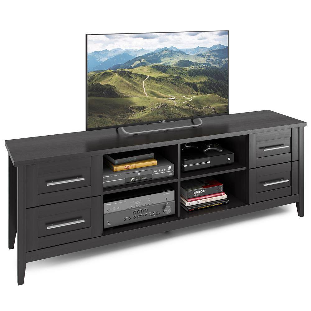 Elegant Black Wood Grain Extra-Wide TV Stand with Nickel Handles
