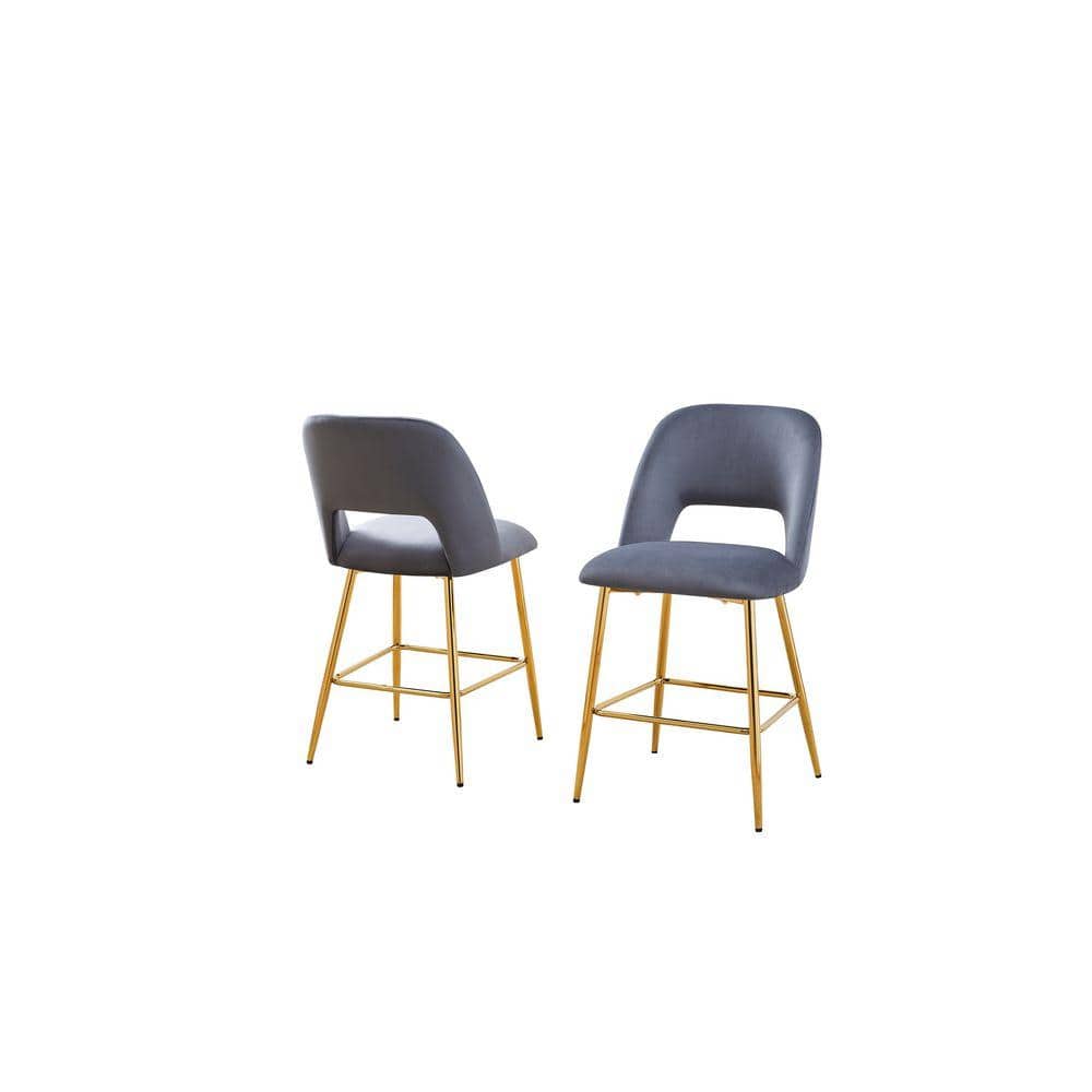 Xavi 24 in. Dark Grey High Back Metal Frame Counter Stool With Velvet Fabric And Gold Chrome Legs (Set of 2)