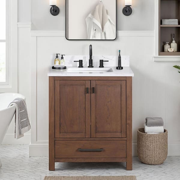 Modero 31 in. Single Sink Mocha Oak Bath Vanity with Cala White Engineered Stone Top
