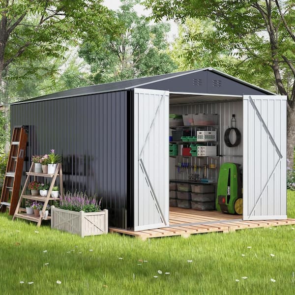 Black 10 ft. W x 10 ft. D Metal Outdoor Storage Shed, Garden Tool
