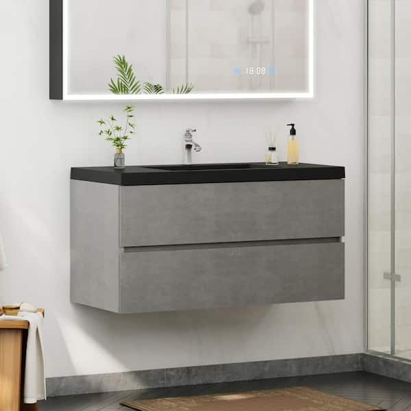 FAMYYT 42 in. W Minimalist Floating Bath Vanity in Gray with Matte Black Composite Quartz Sand Top