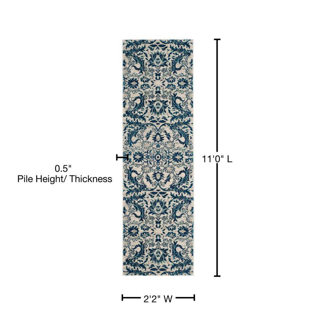 Ivory and Blue High Pile Synthetic Area Rug