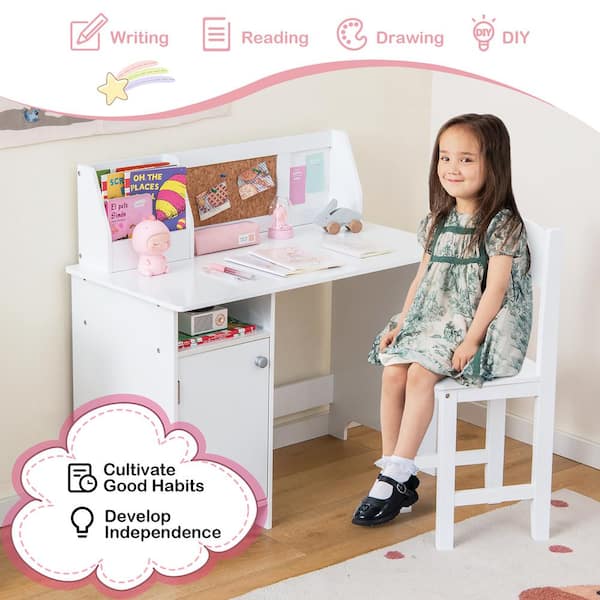 Costway 2-Piece Wood Top Kids Desk and Chair Set Study Writing Workstation  with Bookshelf and Bulletin Board HY10121WH - The Home Depot