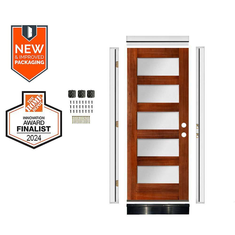DIY 36 in. x 80 in.Hemlock 5Lite LeftHand Frosted Glass Red Chestnut Stain Wood Front Door Kit w/ Quick Assemble Jamb price history on PriceWatchPro