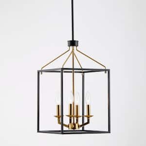 4-Light Matt Black and Golden Modern Lantern Geometric Chandelier for Living Room Dining Room