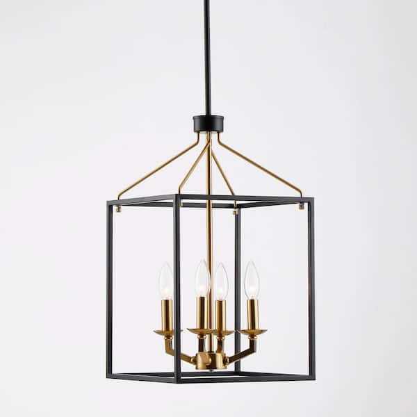 Parrot Uncle 4-Light Matt Black and Golden Modern Lantern Geometric Chandelier for Living Room Dining Room