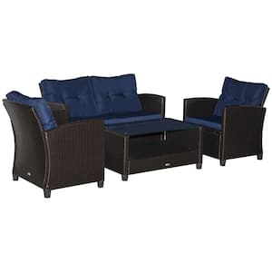 4-Piece Wicker Furniture Set Outdoor Patio Conversation Set with Blue Cushion for Backyard, Porch, or Garden